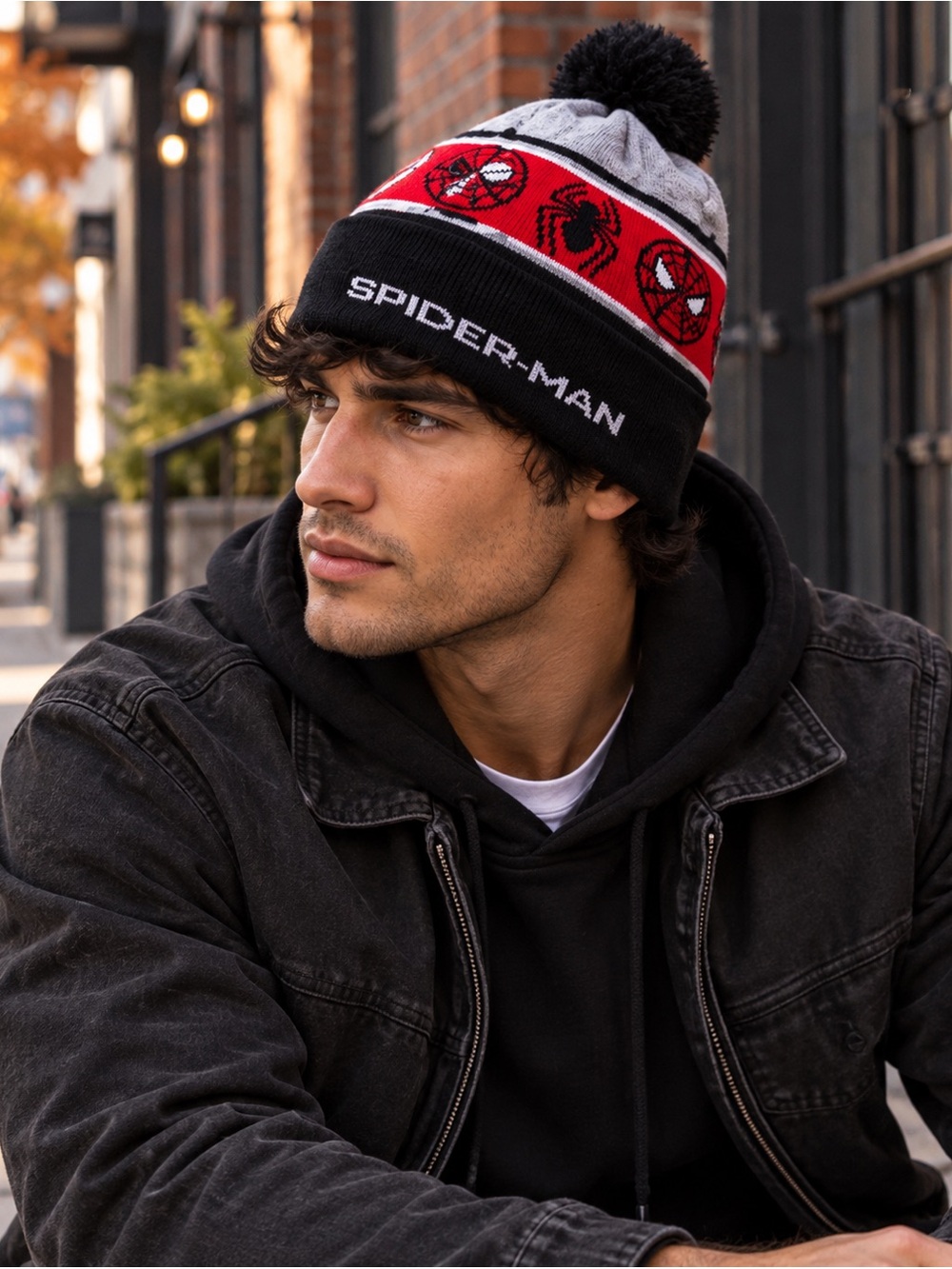 Spider-Man Marvel Pom Beanie Red Black Gray Knit Cuffed Streetwear Hat